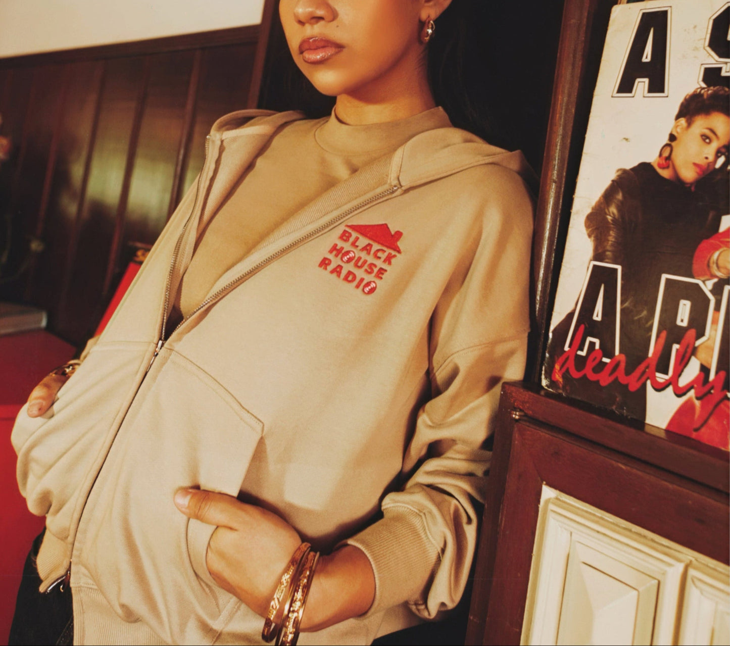 Embroidered Zip-Up Hoodie (Hazelnut & Black)